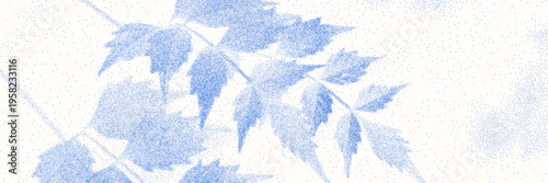 Cyanotype halftone overlay texture bg with leaves silhouettes. Vector soft blue wallpaper for template, graphic design projects, artworks