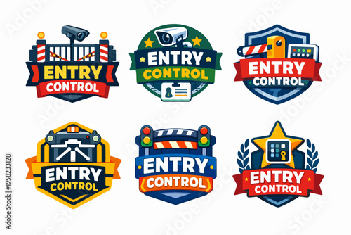 Collection of entry control badges illustrating security, protection, and access management systems for various applications