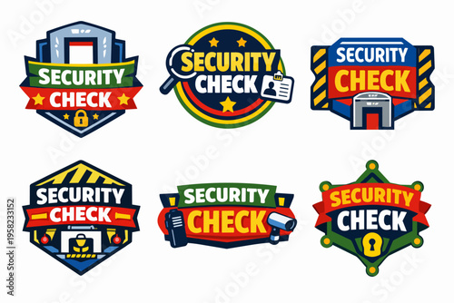 Security check badges and emblems representing protection, checkpoint inspection, safety, and surveillance concepts
