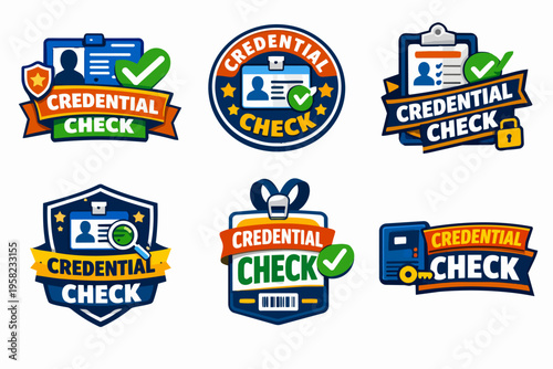 Credential check badges collection displaying id verification, security, trust, and validation concepts