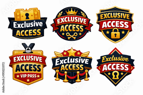 Exclusive access premium badges set signifying vip membership, special privileges, and restricted content