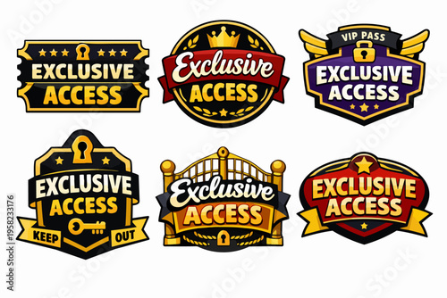 Collection of exclusive access badges, vip pass emblems, membership icons, and premium labels