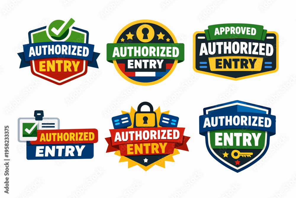Obraz premium Authorized entry badges collection displaying access emblems, security icons, and approval stamps