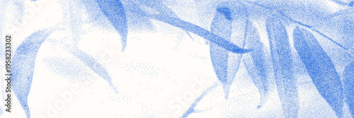 Cyanotype halftone overlay texture bg with leaves silhouettes. Vector soft blue wallpaper for template, graphic design projects, artworks.