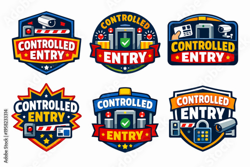 Controlled entry badge set showing security, access control, surveillance, and checkpoint safety measures