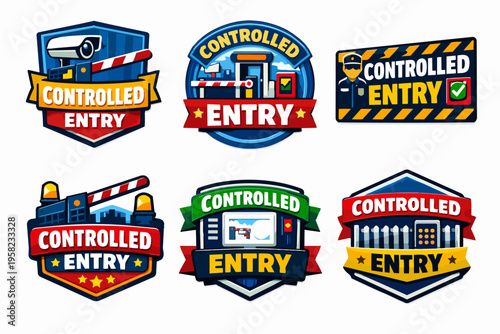 Controlled entry emblems set featuring security checkpoints, barrier gates, surveillance cameras, and access control systems