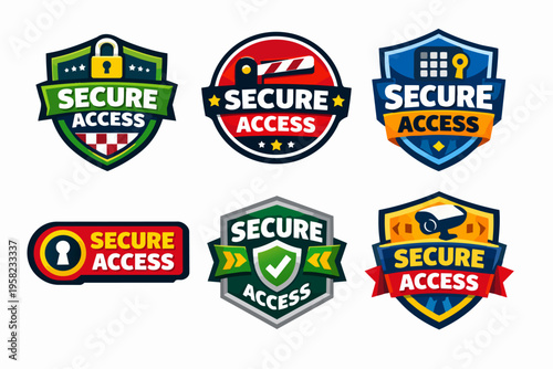 Secure access emblem collection showing lock, shield, barrier control, camera and keypad symbols