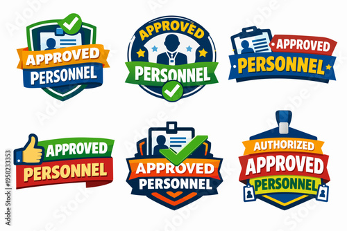 Employee authorization and access badges set. Approved personnel emblems for security and identity verification