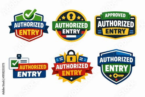 Authorized entry badges collection displaying access emblems, security icons, and approval stamps