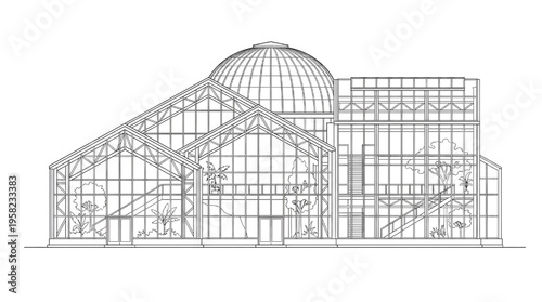 Modern Glass Greenhouse and Botanical Conservatory Architectural Line Art Vector