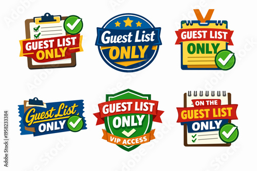 Labels and stickers denoting exclusive guest lists or vip access for parties, concerts, and premier events