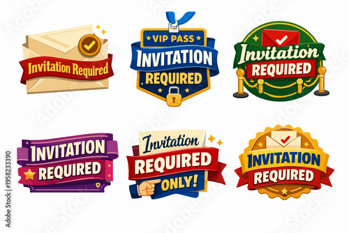 Collection of badges and labels featuring invitation required and vip pass messaging, indicating exclusive entry