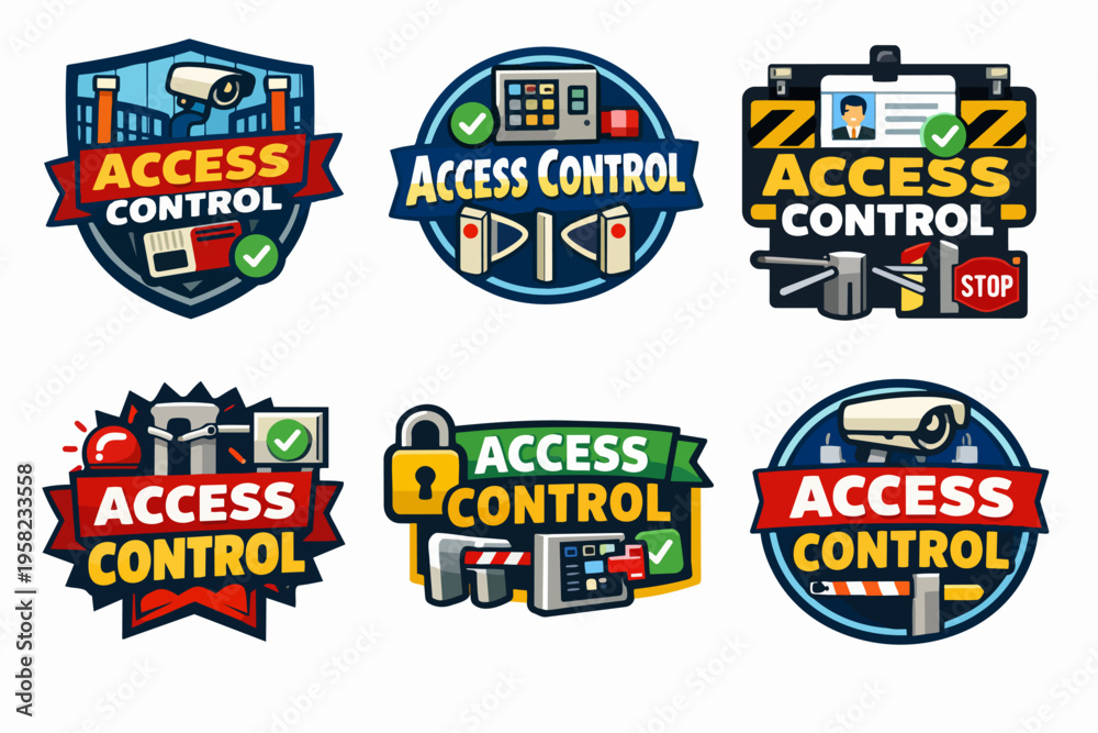 Naklejka premium Access control systems collection featuring security cameras, turnstiles, gates, and biometric scanners