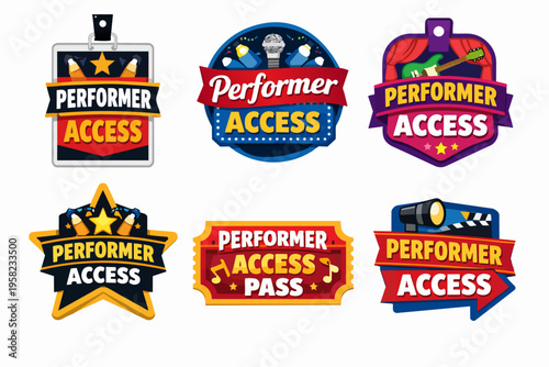 Set of different performer access badges, passes, and tickets, featuring music, film, and theater icons