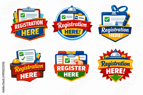Collection of stylized registration badges and labels with clipboards, checkmarks, pens, and hotel bells