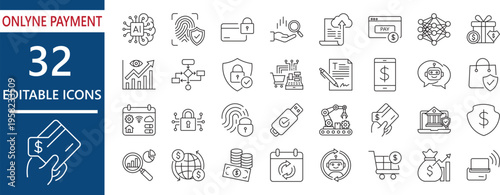 Editable stroke icon set for online payment , check, transaction,  crypto, mobile, payments, biometric, technology, blockchain, fintech, ai automated commerce, and smart banking apps.