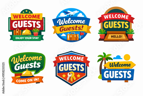 Welcome guests labels and signs collection with travel, accommodation, and hospitality concepts