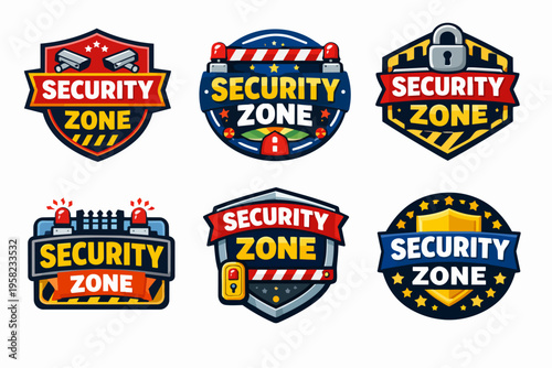 Security zone badges set illustrating restricted access, protected areas, privacy, and safety regulations