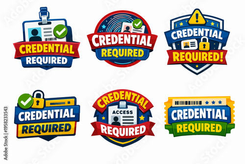 Credential required badges for access control and authorization, showing verification and identity security icons