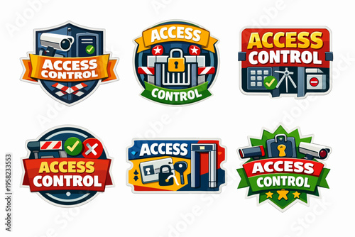 Access control stickers illustrating security devices like cameras, gates, and locks for managing entry and protection