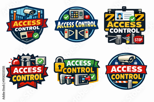 Access control systems collection featuring security cameras, turnstiles, gates, and biometric scanners