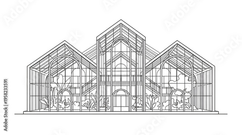 Modern Glass Greenhouse and Botanical Conservatory Architectural Line Art Vector