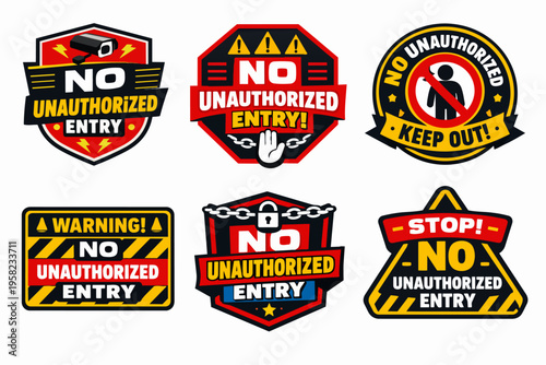 Collection of no unauthorized entry signs with security elements, warning, restriction, and private property concepts