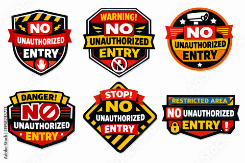Set of warning signs communicating no entry or restricted access, indicating danger zones and security measures
