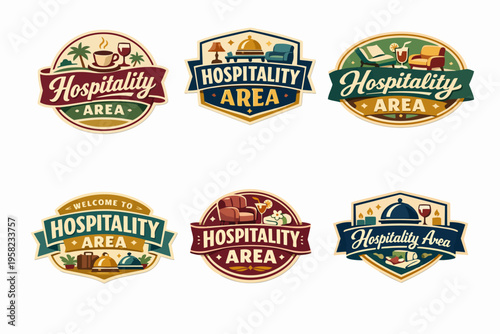 Hospitality area vintage badge set displaying hotel, resort, and travel service icons for a welcoming guest experience