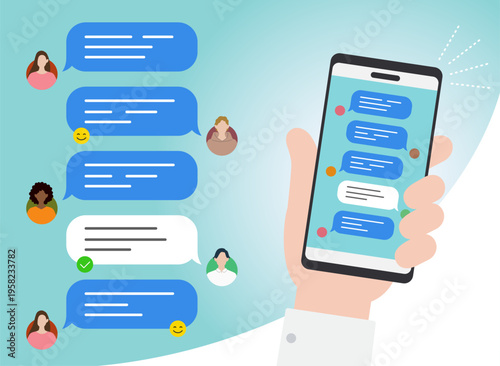 人々のチャットによるコミュニケーションとスマートフォンを持つ手、背景、オンライン