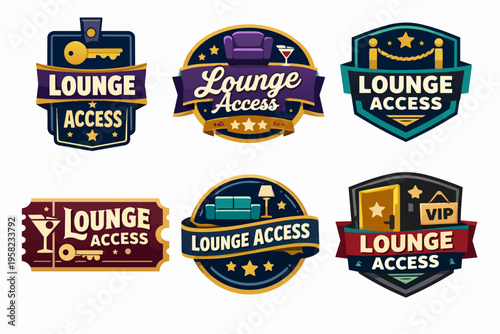 Lounge access emblem collection presenting premium vip badges, membership labels, and exclusive service icons