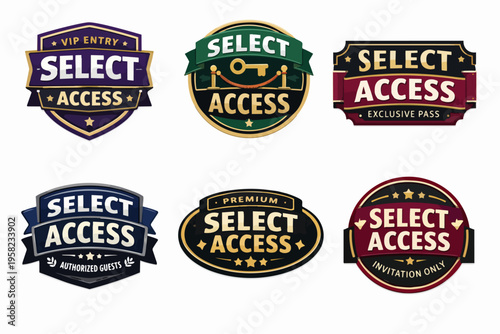 Select access badges collection offering exclusive entry, premium membership, and invitation only perks for authorized guests