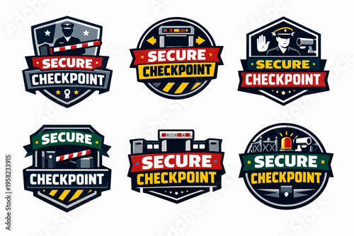 Secure checkpoint emblems and badges illustrating access control, inspection, and security measures for various locations