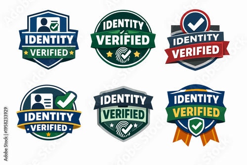 Identity verified badges set, showing digital online security, account authentication, and trust confirmation for users
