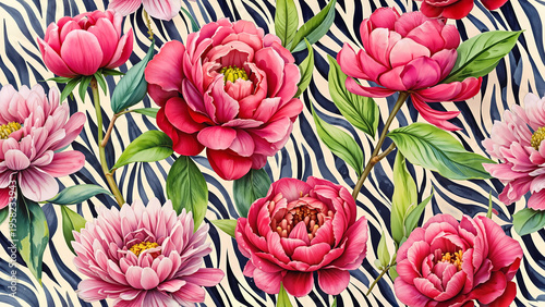 Seamless floral pattern featuring pink peonies and green leaves over stylish black and white zebra print design