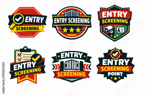 Entry screening badges set providing access control, security checkpoint, and identification verification icons