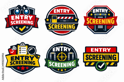Entry screening badges and security checkpoint icons set representing inspection, verification, and safety protocols