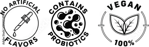 Food label icons for vegan product with probiotics