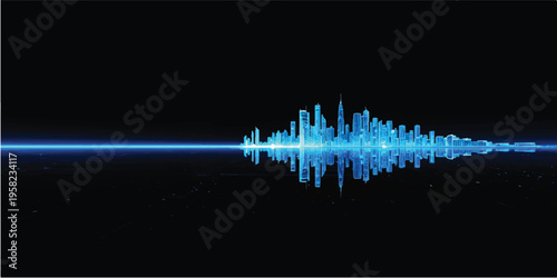 A blue digital audio waveform illustration featuring a technology frequency pulse and a stylized cityscape design backdrop for music and radio recording