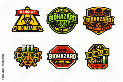 Biohazard warning signs and labels design set on a white background, indicating toxic, risk, and caution areas