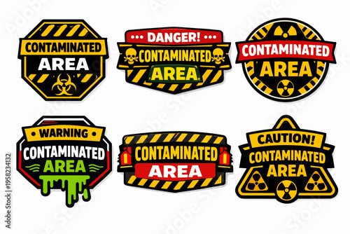 Collection of contaminated area warning signs, indicating danger, biohazard, radiation hazard, and toxic waste
