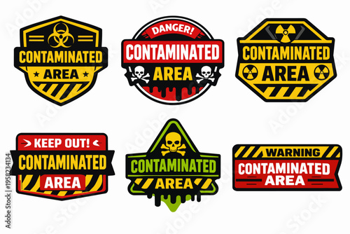 Set of flat design contaminated area warning signs using biohazard, radiation, and toxic skull symbols