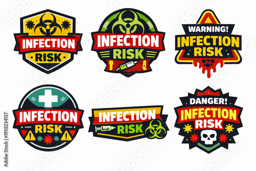 Infection risk badge set representing biohazard, virus, warning, danger, and health safety concepts for prevention