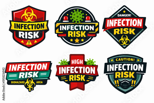 Collection of hazard labels and danger signs warning about infection risk, biohazard areas, and pandemic spread