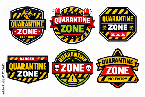 Different quarantine zone warning signs communicating danger, virus spread, and restricted access for public health and safety