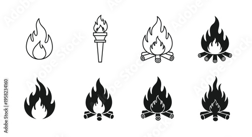 Black and white illustration of various flame and fire icons on a white background