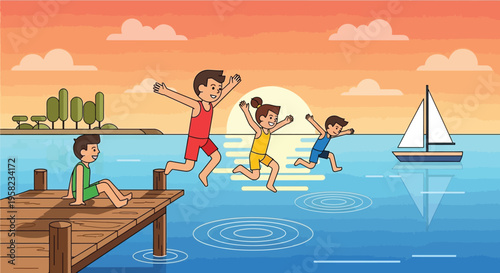 Vector illustration of kids playing on a dock at sunset