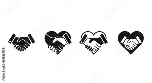 Four black silhouette icons depicting handshakes and hearts symbolizing agreement