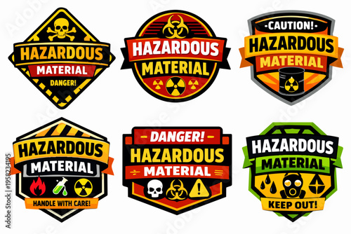 Hazardous material signs collection displaying danger, toxic, chemical, biohazard, and radiation symbols for warning and safety