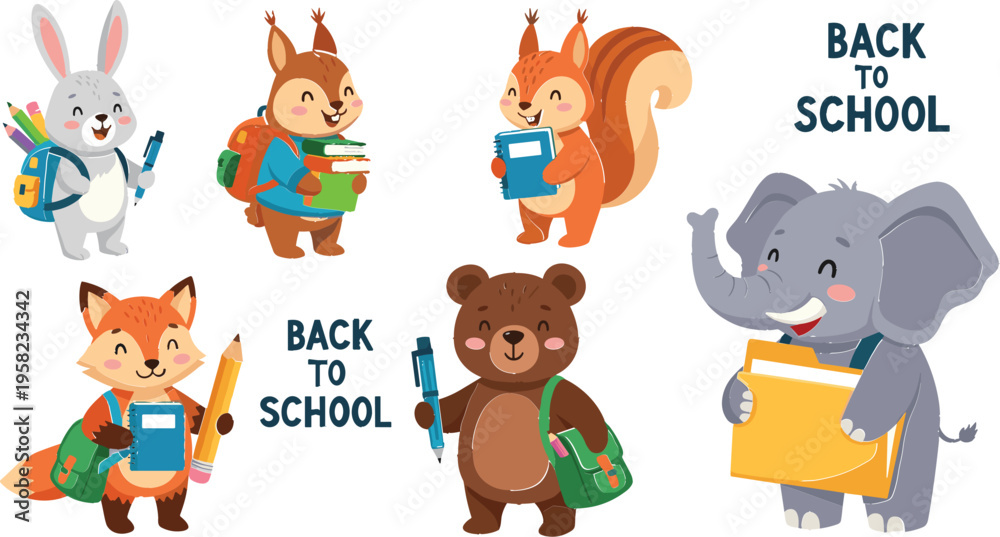 Obraz premium Cute Back-to-School Animals – Rabbit, Squirrel, Fox, Bear, and Elephant with School Supplies and Backpacks in Fun Cartoon Style